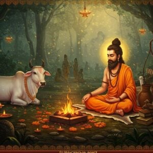 A serene forest setting with sage Jamadagni seated in padmasana on a deer skin, wearing saffron robes with sacred thread, performing meditation near a sacred fire altar. His distinctive features include matted locks, sacred ash on forehead, and a peaceful expression. Around him are the divine elements: the wish-fulfilling cow Kamadhenu, sacred texts on palm leaves, and his weapons (bow and arrows). The scene is illuminated by golden divine light streaming through forest canopy. In the background, subtle silhouettes show key moments - his marriage to Renuka, teaching disciples, and young Parashurama. The art style combines traditional Pattachitra patterns in the borders with modern digital art techniques, using rich colors like deep maroon, forest green, and burnished gold. Ethereal particle effects and soft glowing mandalas float in the atmosphere. The composition should be cinematic with dramatic lighting highlighting the sage's spiritual aura. Intricate Indian patterns and motifs adorn the borders with subtle lotus designs and vedic symbols.