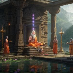 A serene ancient stone temple nestled in lush green mountains, with intricate Dravidian architecture and carved pillars in Madhubani art style. Sage Jamadagni, depicted as an elderly man with flowing white beard, wearing saffron robes, sitting in meditation pose on a tiger skin with sacred fire burning beside him. His seven chakras glowing in vibrant colors. Four Vedas represented as ethereal, floating golden scrolls surround him. His son Parashurama stands respectfully nearby, holding his divine axe. The temple entrance features ornate mandala patterns with peacock motifs, while golden light streams through the pillars. Traditional oil lamps cast a warm glow, with smoke trails forming mystical patterns. In the foreground, a clear sacred pond with lotus flowers reflects the temple's image. Modern Indian pilgrims in traditional attire walking on stone steps, some carrying puja thalis with flowers and coconuts. The scene includes subtle wayfinding symbols and path markers integrated naturally into the landscape. Hyperrealistic digital art style with rich jewel tones of maroon, deep blue, and gold, enhanced by atmospheric morning mist and sun rays creating a divine ambiance.
