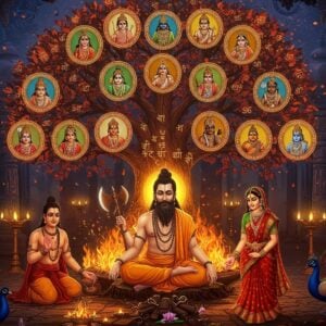 A majestic family tree emerging from sacred fire, with Sage Jamadagni seated in meditation at its base, wearing saffron robes with intricate Vedic patterns, surrounded by a golden aura. The tree's branches are adorned with glowing Madhubani-style medallions featuring his notable descendants, particularly Parashurama in his distinctive green attire holding his signature axe in the largest medallion. The tree's leaves are made of copper-gold sacred Sanskrit symbols. The background features a mystical forest temple with ancient pillars and floating diyas. The scene is illuminated by divine light in shades of saffron and celestial blue. Mother Renuka is portrayed near Jamadagni, wearing a traditional red saree with gold border. The art style combines hyperrealistic digital rendering with traditional Pattachitra patterns. Ethereal peacock feathers frame the composition, while small floating lotuses and subtle mandalas add spiritual depth. The overall color palette focuses on deep maroons, celestial blues, and metallic golds, creating a rich, otherworldly atmosphere.