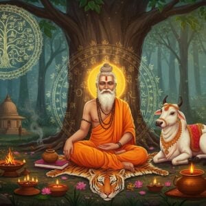 A serene ancient Indian forest setting with Jamadagni Rishi seated in padmasana on a tiger skin under a sacred banyan tree, wearing saffron robes with traditional brahmin thread. His form radiates a golden aura, surrounded by intricate Madhubani-style patterns of sacred fire and Vedic symbols. To his right, his divine cow Kamadhenu is depicted in ethereal white with golden ornaments. In his hands, he holds sacred texts and a kamandalu. Behind him, a translucent mandala shows the Bhrigu lineage tree in peacock blue and gold, with flowing Sanskrit symbols. The scene is illuminated by soft, mystical light filtering through the trees, creating a dreamlike atmosphere. In the background, his ashram is visible with sacred fire burning. Small details include floating lotus flowers, glowing diyas, and sacred herbs. The art style combines traditional Pattachitra techniques with modern digital art, using rich colors like deep maroon, saffron, and gold, with subtle gradients and ethereal lighting effects. The composition should have a balanced mix of realistic and spiritual elements, emphasizing both the historical significance and divine nature of the sage.