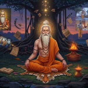 A serene ancient Indian forest clearing at twilight, where Sage Jamadagni sits in deep meditation on a tiger skin mat, wearing saffron robes with intricate Madhubani-style patterns. His long white beard and matted hair glow with a subtle divine aura. Around him, multiple artistic interpretations fade into each other: a dramatic comic book style version of him teaching archery to young Parashurama, a cinematic scene showing him performing powerful vedic rituals with sacred fire, and a modern digital art representation of him blessing his cow Kamadhenu. The scene is surrounded by floating manuscripts and film reels that transform into golden sacred threads. The background features a massive banyan tree with roots forming the shape of ancient Sanskrit texts. Magical sparks of knowledge emit from his third eye, creating constellation-like patterns in the dusky sky. The art style combines traditional Pattachitra techniques with modern digital fantasy elements, using a rich color palette of deep maroons, celestial blues, and burnished golds. Crystal-clear waterfalls in the background reflect scenes from various media adaptations of his story.