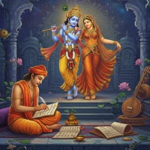 A mystical scene depicting Jayadeva in traditional dhoti and angavastram seated cross-legged on an ornate marble platform, writing the Gita Govinda on palm leaves with a golden quill. Behind him rises a large, ethereal vision of Radha and Krishna dancing in divine love, rendered in luminescent gold and azure hues. Krishna wears a peacock-feathered crown and plays his flute, while Radha's dance pose is graceful with flowing orange silk. The background features a grand temple architecture with intricate Kalinga-style carvings merging into a cosmic mandala pattern. Floating lotus flowers and celestial musical instruments (veena, mridangam) surround the scene. Soft rays of divine light filter through, creating a dreamy atmosphere. The art style combines traditional Pattachitra patterns with modern digital art techniques, using a color palette of deep indigo, burnished gold, saffron, and soft pastels. The scene is bordered by delicate Sanskrit verses transforming into flowering vines. The overall composition suggests transcendence and devotional ecstasy.