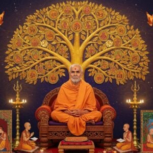 A distinguished Indian saint-philosopher in traditional orange dhoti and angavastram seated in padmasana on an ornate wooden carved platform, his face serene and wise, surrounded by ancient palm leaf manuscripts and brass oil lamps. Behind him rises a massive golden tree of knowledge, its branches forming intricate Madhubani-style patterns containing symbols of Dvaita philosophy. The tree emanates a soft ethereal glow, with flowing streams of celestial light in shades of saffron and gold. In the foreground, detailed miniature scenes depicting disciples studying texts, engaging in philosophical debates, and performing rituals, rendered in traditional Pattachitra style but with modern digital refinement. Floating spiritual symbols like sankha, chakra, and lotus flowers create a mystical border. The background features a subtle mandala pattern in deep peacock blue with gold accents. The lighting is warm and divine, creating a harmonious blend of ancient wisdom and contemporary artistic expression. The scene should convey deep scholarship, spiritual authority, and timeless wisdom. Photorealistic rendering with magical realism elements.