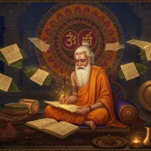 A serene Indian sage with silver hair and traditional dhoti seated in padmasana on an ornate wooden seat, surrounded by ancient palm leaf manuscripts and copper plates. He is writing with a traditional reed pen, with golden divine light emanating from his hand onto the manuscript. Behind him, a large intricate mandala in Madhubani style featuring symbols of Dvaita philosophy - two distinct circles representing duality in deep maroon and saffron. The background shows a traditional Gurukul architecture with carved pillars in peacock blue. Multiple ethereal, translucent layers of manuscripts float in spiral pattern around him, each glowing with subtle golden light. The scene is illuminated by warm oil lamps, creating dramatic shadows. Intricate patterns of lotuses and vedic symbols in gold filigree frame the composition. The art style merges hyperrealistic digital painting with traditional Pattachitra elements, emphasizing rich textures and metallic accents. The atmosphere suggests deep scholarly wisdom with a mystical quality.
