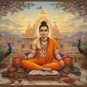 A serene portrait of Jiva Goswami seated in padmasana on an ornate marble platform, wearing traditional saffron dhoti and angavastram, with tilak marking on his forehead. His right hand holds a peacock feather pen while his left hand rests on ancient Sanskrit manuscripts. Behind him rises the magnificent Radha-Krishna temple of Vrindavan in intricate Nagara architecture style, bathed in golden morning light. The scene is framed by flowering kadamba trees and peacocks. Floating mandalas and subtle Vedic symbols in glowing gold encompass the composition. The art style combines traditional Madhubani patterns in the border with modern digital painting techniques, using a rich color palette of deep maroons, saffron, and peacock blues. Sacred tulasi plants and scattered manuscripts surround him, while ethereal rays of divine light filter through clouds, creating a mystical atmosphere. The overall composition suggests profound scholarship and devotion.