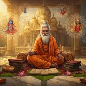 A serene Indian sage with long silver hair and tilak mark, wearing saffron dhoti and angavastram, seated in padmasana on an intricately carved marble platform, surrounded by ancient Sanskrit manuscripts on palm leaves. His hands are gracefully positioned, one holding a golden quill pen and other touching a sacred text. Behind him rises a magnificent temple architecture with ornate spires and domes in the traditional Vrindavan style, rendered in soft gold and cream hues. Floating ethereal mandalas with Radha-Krishna motifs circle around him, emitting a gentle divine glow. The scene is bathed in warm morning light filtering through decorative jali windows, creating patterns on the marble floor. Wisps of sacred incense smoke form subtle geometric patterns in the air. The art style combines hyperrealistic details with mystical elements, featuring a rich color palette of saffron, gold, cream, and deep maroon. Traditional Madhubani-style border patterns frame the scene, while lotus flowers and peacock feathers add decorative elements in the corners. The overall composition suggests deep philosophical contemplation and spiritual wisdom.
