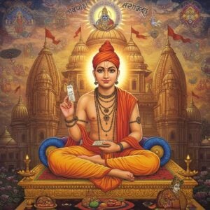 A serene portrait of Jiva Goswami seated in padmasana on a golden lotus platform, wearing traditional saffron dhoti with intricate Madhubani-style patterns. His right hand holds a palm leaf manuscript while his left hand is in chin mudra. Behind him rises a magnificent temple structure with detailed Bengali architecture, its spires reaching into a mystical sky filled with swirling mandalas and Radha-Krishna symbols. Floating ethereal visions show scenes from Vrindavan with peacocks and flowering kadamba trees. The background features intricate Sanskrit texts transforming into flowing golden light streams. The color palette combines deep maroons, saffron, and peacock blues with modern gradient effects. Multiple small vignettes around the main figure showcase different aspects of bhakti practices - kirtan, deity worship, and philosophical discussions. Soft divine light illuminates the scene from above, creating a gradient from warm gold to deep purple. The art style merges traditional Pattachitra techniques with contemporary digital art aesthetics, maintaining photorealistic features while incorporating spiritual symbolism. The overall composition suggests depth of philosophical wisdom and devotional practice.