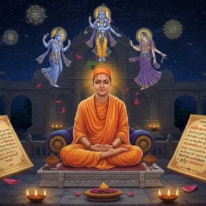 A serene night scene depicting Jiva Goswami in traditional dhoti and angavastram, seated in padmasana on an ornately carved marble platform, deep in meditation. His form radiates a subtle golden aura against the backdrop of an ancient temple architecture with intricate Vrindavan-style carvings. Floating above him are ethereal visions of Lord Krishna and Radha in celestial dance, rendered in translucent, luminescent colors. The scene is illuminated by moonlight and scattered diyas, creating a mystical atmosphere. Modern elements include gentle particle effects and sacred geometry patterns emerging from his meditation pose. In the foreground, beautifully illustrated Sanskrit texts and scrolls containing the Sat Sandarbhas float weightlessly, with soft golden light emanating from their pages. The color palette features deep midnight blues, burnished golds, and soft cream tones. The art style combines traditional Rajasthani miniature painting techniques with contemporary digital art, incorporating both photorealistic textures and stylized spiritual symbolism. Multiple glowing mandalas form concentric circles in the background, while lotus petals drift through the scene, creating a bridge between the earthly and divine realms.