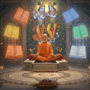 A serene indoor temple scene with Jiva Goswami, depicted as a distinguished Indian sage with tilak mark and traditional dhoti, seated in padmasana on an ornate marble platform. Six ethereal, glowing ancient manuscripts hover around him in a circular formation, each radiating different colored divine light (saffron, deep blue, golden, crimson, emerald, and pearl white). The manuscripts are adorned with intricate Sanskrit calligraphy and Vaishnava symbols. Behind him, a large, artistic representation of Lord Chaitanya and Lord Krishna in cosmic dance poses, rendered in traditional Pattachitra style but with modern digital aesthetics. The background features detailed Madhubani-style patterns of peacocks, lotuses, and vines in gold and peacock blue. Soft light streams through ornate temple windows, creating a mystical atmosphere. Several brass oil lamps with small flames add warm golden highlights. The scene is enhanced with subtle particle effects resembling spiritual energy, and a massive mandala design on the floor integrates Gaudiya Vaishnava symbols. Style: photorealistic digital art with traditional Indian art influences, emphasis on spiritual radiance and mystical atmosphere.