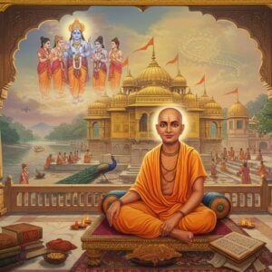 A serene portrait of Jiva Goswami seated in padmasana on an ornate marble platform, wearing traditional saffron dhoti and upper cloth, with tilak marking on his forehead. He is surrounded by ancient Sanskrit manuscripts and palm leaf texts. Behind him rises a magnificent golden temple architecture with intricate Bengali-style curved spires. A ethereal vision of Lord Chaitanya and the six Goswamis appear as translucent forms in the sky above, bathed in divine light. The scene is decorated with blooming champaka and kadamba flowers, while peacocks dance in the courtyard. The color palette combines deep maroons, saffron, and peacock blues with touches of gold. Soft rays of morning light filter through ornate jali windows, creating patterns on the marble floor. The art style merges traditional Pattachitra techniques with modern digital aesthetics, emphasizing both devotional mood and scholarly depth. In the background, the holy Yamuna river flows serenely with devotees performing morning prayers. The overall composition creates a mystical atmosphere with floating mandalas, subtle sacred geometrical patterns, and swirling Sanskrit verses in golden light.