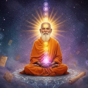 A serene Indian sage in traditional saffron robes seated in padmasana on a crystal lotus platform floating in cosmic space, illuminated by ethereal golden light. Multiple translucent layers of consciousness depicted as concentric mandalas emanate from his third eye. Sacred geometry patterns in deep indigo and gold interweave through the background. A large illuminated mirror reflects infinite reflections of the self, symbolizing self-knowledge. Swirling Sanskrit symbols transform into rays of pure light. Modern digital art style blending with traditional Madhubani patterns. The composition features glowing chakra points along the sage's spine in vibrant jewel tones. Ethereal mist with hints of peacock blue and deep purple creates depth. Sacred thread across his chest glows with divine light. His expression is peaceful and enlightened, with eyes half-closed in deep meditation. Floating sacred texts and ancient scrolls dissolve into pure light around him. Hyperrealistic rendering with spiritual overtones.