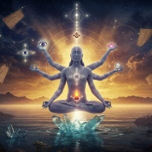 A serene Indian yogi in lotus position floating above a crystalline lake, surrounded by ethereal golden light and geometric sacred patterns. Their face radiates peaceful wisdom with closed eyes and a subtle smile. Multiple translucent layers of consciousness emanate from their form like concentric mandalas, each containing symbols of wisdom - an open eye, a lotus, a flame, and a mirror. The background features a surreal landscape with a cosmic sky in deep indigo and gold, where ancient Sanskrit manuscripts transform into streams of light. Modern digital gradients blend with traditional Madhubani patterns in the details. Floating crystals and luminous threads connect the different elements, symbolizing the interconnected nature of knowledge. The lighting is dramatic with warm golden rays breaking through cosmic clouds, creating a mystical atmosphere. The scene includes subtle references to the four Mahavakyas through abstract symbolism. Hyperrealistic rendering with spiritual overtones, combining both traditional Indian art elements and contemporary digital art techniques.
