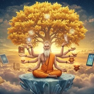 A serene Indian sage in modern clothing sitting in padmasana on a crystalline platform floating in cosmic space, surrounded by floating ancient palm leaf manuscripts and modern digital tablets displaying vedantic texts. A large golden tree of knowledge emerges behind him, its branches forming intricate geometric patterns resembling neural networks. The leaves are made of translucent sacred Sanskrit texts that emit a soft blue glow. Multiple ethereal hands emerge from the meditation position, each holding different symbols of knowledge - a crystal book, a burning lamp, an owl, and a mirror reflecting infinite consciousness. The background features subtle mandalas made of mathematical equations and philosophical symbols. Soft rays of golden light pierce through clouds, creating a divine atmosphere. The color palette combines deep indigos, celestial blues, and warm golds. The sage's face shows deep contemplation with a slight smile, suggesting inner enlightenment. Traditional Madhubani patterns flow throughout the scene like streams of consciousness. Hyperrealistic digital art style with strong attention to detail and lighting.