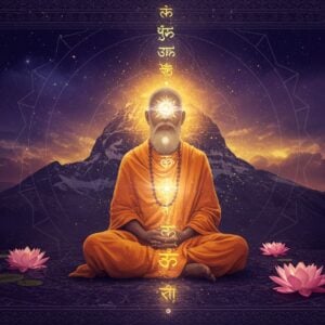 A serene Indian sage in ochre robes seated in padmasana against a cosmic backdrop, radiating golden light from within. The sage's third eye emanates ethereal blue energy that transforms into sacred geometry patterns. Multiple translucent layers showing the progression from individual self to universal consciousness - starting with a detailed human silhouette that gradually dissolves into pure light. Floating Sanskrit symbols of "Aham Brahmasmi" dissolve into golden particles. Sacred Mount Kailash appears as a ghostly outline in the background. Intricate Madhubani-style border patterns in deep indigo and gold frame the composition. The scene features floating lotuses, with their reflections showing the concept of maya (illusion). Modern minimal geometric patterns interweave with traditional Indian motifs. The lighting is otherworldly with soft gradient from deep purple to golden hues. Photorealistic rendering with elements of spiritual surrealism, high-end digital art aesthetic with rich textures and depth. The overall composition suggests transcendence from material to spiritual realm.