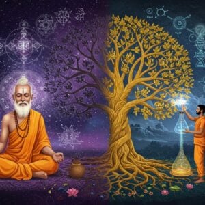 A serene split-screen composition showing two interconnected realms. On the left, representing Jnana Yoga, a meditating Indian sage in ochre robes sits in padmasana pose against a cosmic background filled with sacred geometric patterns and Sanskrit symbols dissolving into pure light. His third eye glows with wisdom. On the right, depicting Jnana Vijnana Yoga, a modern Indian spiritual seeker in contemporary clothes performs scientific experiments with golden light streams while surrounded by holographic representations of DNA helixes, quantum particles, and mathematical equations. The center features a large, ornate golden Tree of Knowledge where both sides merge, its branches forming intricate mandalas. The tree's roots extend into both realms. The overall scene is rendered in a fusion of traditional Madhubani art style with modern digital aesthetics, using deep indigos, burnished golds, and ethereal whites. Floating lotus flowers, subtle sacred geometry patterns, and swirling energy streams connect both sides. The lighting is otherworldly with soft glowing highlights and mysterious shadows creating depth and dimension.