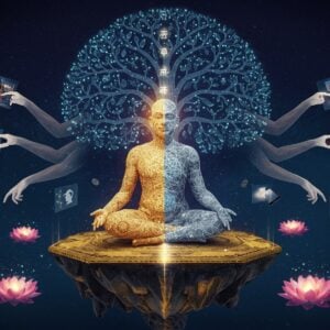 A serene Indian yogi in modern attire (crisp white kurta) seated in padmasana on a floating geometric platform, surrounded by ethereal golden light and digital matrix patterns. Half of his form transitions into sacred geometric patterns representing knowledge. Around him hover holographic screens showing modern city landscapes, social media icons, and corporate symbols, but they're partially dissolving into ancient Sanskrit symbols and vedantic formulae. The background features a large, glowing tree of knowledge with branches made of interconnected neural networks in deep indigo and gold. Multiple translucent hands reach towards various modern objects (smartphone, laptop, briefcase) while transforming them into spiritual symbols (lotus, om, infinite). The scene is rendered in a harmonious blend of Madhubani art style with modern digital art, using a color palette of deep royal blue, burnished gold, and pristine white. Floating lotus flowers emit soft, phosphorescent light. The overall composition suggests the bridge between ancient wisdom and modern living, with photorealistic details and subtle sacred geometry patterns throughout.