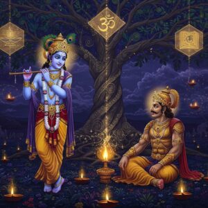 A serene moonlit scene depicting Lord Krishna and Arjuna in a divine conversation on the battlefield of Kurukshetra, rendered in a fusion of traditional Madhubani and modern digital art. Krishna radiates a soft blue ethereal glow, wearing a peacock-feathered crown and golden pitambara, holding his divine flute. Arjuna sits in contemplation, wearing royal armor with intricate golden patterns. They are surrounded by floating geometric mandalas containing symbols of wisdom - an open lotus, a burning lamp, and the sacred Om. The background features a large tree of knowledge with branches forming intricate neural pathway patterns, its leaves made of shimmering golden light. Swirling energy patterns in deep indigo and gold represent the flow of divine wisdom. The scene is illuminated by multiple small floating diyas creating a mystical atmosphere. The art style combines hyperrealistic details with ethereal lighting effects, emphasizing the spiritual nature of the knowledge being shared. The color palette focuses on deep blues, rich golds, and soft purples, with accent colors of peacock green and saffron.