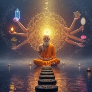 A serene Indian sage in meditation posture, floating above a mirror-like lake surface reflecting cosmic truths. The sage wears simple saffron robes with intricate Madhubani-style patterns. Behind him, a large, glowing geometric mandala structure transitions from deep indigo to golden light, symbolizing the journey from ignorance to enlightenment. Multiple ethereal hands emerge from the mandala, each holding different symbols of knowledge: a crystal flame, an ancient palm leaf manuscript, a lotus blossom, and a mirror. Swirling Sanskrit symbols dissolve into particles of light around the scene. The foreground features stylized stepping stones with Pattachitra-art motifs, creating a path leading to the sage. Soft, misty atmosphere with hints of peacock blue and gold. The lighting is otherworldly, with gentle rays of light filtering through the scene. Small floating oil lamps create points of warm light across the water. The sage's face shows deep peace and wisdom, with a subtle golden aura around his form. Art style combines hyperrealistic digital rendering with traditional Indian art elements.