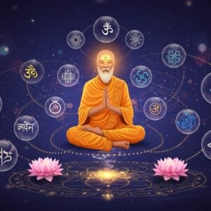 A serene Indian sage in meditation posture levitating above a cosmic mandala, surrounded by multiple translucent spheres containing diverse cultural symbols from different civilizations - Sanskrit scripts, Zen circles, Arabic geometric patterns, Celtic knots, and Tibetan symbols. The sage wears traditional saffron robes with intricate Madhubani-style border patterns. A warm golden light emanates from their third eye, creating ethereal connections to each sphere. The background features a gradient of deep indigo to midnight blue, with subtle sacred geometry patterns. Floating lotus flowers in pastel pink and white hover around, each containing a small mirror reflecting different cultural wisdom symbols. The scene is enhanced by swirling energy patterns in metallic gold and silver, connecting all elements in a harmonious flow. Soft particle effects and light orbs add a mystical atmosphere. The overall composition follows a spiral pattern, with the sage at the center, suggesting unity in diversity. Style combines traditional Indian art with modern digital art techniques, maintaining a sophisticated and contemporary aesthetic.