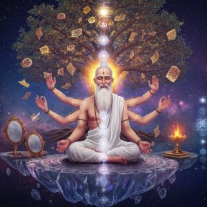 A serene Indian sage in contemporary clothing (white kurta, minimal jewelry) seated in lotus position on a crystalline platform floating in cosmic space. Their face radiates wisdom with a subtle golden aura. Multiple ethereal transparent layers emanate from their head showing inner mental realms - each layer containing sacred geometric patterns, Vedic symbols, and floating Sanskrit manuscripts. The background features a massive golden tree of knowledge with glowing roots extending into infinity, its leaves made of shimmering light particles. Floating around the sage are metaphysical elements: a mirror representing self-reflection, a flame representing consciousness, and a lotus representing pure awareness. The color palette combines deep cosmic blues, spiritual purples, and warm golden hues. The scene is illuminated by soft, otherworldly light creating a dreamy atmosphere. The art style merges hyperrealistic digital art with traditional Indian Madhubani patterns in the details. Multiple translucent mandalas float in the background, each containing intricate sacred geometry. There's a subtle visualization of the four states of consciousness through ascending spiral patterns.