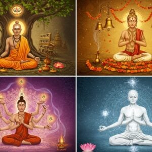 A mystical split-screen composition showing four distinct Indian spiritual practitioners in meditation, each representing different yogic paths. Top left: A Jnana yogi in ochre robes seated under a banyan tree, surrounded by ancient Sanskrit texts and a glowing third eye symbol, emanating rays of wisdom. Top right: A Bhakti yogi with hands folded in devotion, surrounded by temple bells, floating marigold flowers, and swirling incense smoke in warm golden hues. Bottom left: A Karma yogi performing selfless service, helping others, with multiple translucent arms symbolizing continuous action, surrounded by a mandala of interconnected golden karma wheels. Bottom right: A Raja yogi in pristine white, performing advanced asana, with seven glowing chakras visible, surrounded by geometric patterns of cosmic energy. The entire scene is unified by flowing ethereal light streams in pastel blues and soft purples, connecting all four sections. The background features intricate Madhubani-style patterns merging with modern sacred geometry. Soft golden light illuminates the entire composition, with lotus flowers blooming at each corner. The art style combines hyperrealistic digital rendering with traditional Indian artistic elements, creating a serene yet powerful visual narrative.