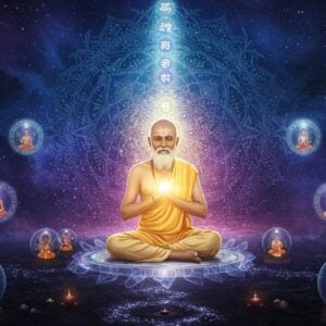 An enlightened Indian sage in contemporary white kurta sitting in padmasana pose on a crystalline lotus platform, radiating golden light from within. Behind him, a large, intricate mandala made of sacred geometric patterns and Sanskrit symbols floats in space, with each layer representing different levels of consciousness. The background features a cosmic void filled with ethereal blue and purple hues, where multiple floating mirrors reflect different aspects of reality. In the foreground, a path of light emerges from darkness, symbolizing the journey from ignorance to wisdom. Small glowing orbs of knowledge float around the sage, each containing miniature scenes of self-reflection and contemplation. The scene is rendered in a fusion of traditional Madhubani art style with modern digital aesthetics, featuring deep indigo, gold, and cosmic purples. Soft particle effects and light rays create an atmosphere of divine wisdom and transcendence. Multiple translucent layers of consciousness are visualized as ascending spirals of light, merging into a brilliant crown chakra above the sage's head.