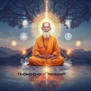 A serene Indian sage in ochre robes seated in padmasana on a crystalline lotus platform, floating above a reflective cosmic pool. His face radiates inner wisdom with closed eyes and subtle smile. Multiple translucent layers of consciousness depicted as concentric mandalas emanate from his third eye in shades of gold, white, and electric blue. Sacred Sanskrit symbols float ethereally around him. The background features a gradient from deep indigo to soft lavender, with the Himalayas silhouetted in distance. Swirling golden light particles represent divine knowledge, while a broken chain below symbolizes liberation. Multiple transparent versions of the sage overlap, showing the dissolution of ego. Ethereal light streams down from above, creating a mystical atmosphere. The scene combines photorealistic rendering with surreal digital art elements, featuring rich textures and dramatic lighting. A large tree of knowledge with glowing leaves frames the scene, its roots merging with cosmic energy streams. Style: Modern digital art with traditional Indian artistic elements, hyperrealistic details, and spiritual symbolism.
