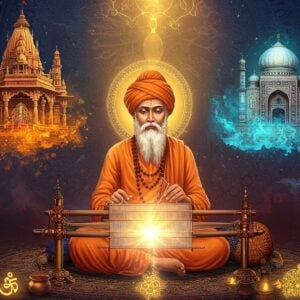 A mystical scene depicting Saint Kabir Das in traditional Indian attire, seated cross-legged on an intricately patterned lotus platform, weaving on his signature loom that emanates golden light. His face bears a serene expression with deep wisdom lines, long grey beard, and radiant aura. The background features a large, ornate mandala merging Hindu and Islamic geometric patterns in deep indigo and gold. Floating around him are ethereal visions: on one side, a Hindu temple dissolves into a Muslim mosque symbolizing unity, while on the other side, vibrant threads from his loom transform into sacred Sanskrit and Persian calligraphy. The scene is illuminated by warm, divine light streaming from above, creating a dreamlike atmosphere. Mystical smoke in shades of saffron and turquoise swirls around, carrying symbols of both Hindu and Islamic traditions. The art style combines traditional Madhubani patterns with modern digital art techniques, featuring rich colors like deep maroon, celestial blue, and burnished gold. In the foreground, his famous dohas materialize as glowing symbols and sacred geometry patterns, emphasizing the spiritual nature of his teachings. Photorealistic rendering with magical realism elements.