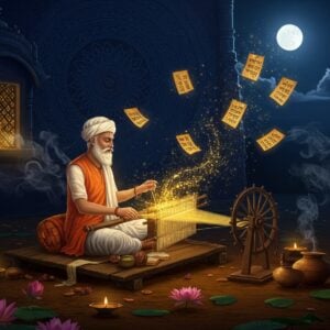 A serene nighttime scene showing Sant Kabir as a middle-aged Indian man with a white beard, wearing simple white cotton dhoti and kurta, seated cross-legged on a wooden weaver's platform. His hands are working on a traditional handloom while golden threads of light emanate from it, forming mystical Madhubani-style patterns in the air. Around him float his famous dohas visualized as ethereal, glowing Sanskrit manuscripts. The background features a large, intricate mandala in deep indigo and gold, with symbolic elements of both Hindu and Islamic architecture merging seamlessly. Soft moonlight filters through a latticed window, creating patterns on the mud floor. Traditional oil lamps cast a warm glow, while lotus flowers in various stages of bloom surround his platform. The scene is rendered in a fusion of traditional Pattachitra art style with modern digital aesthetics, emphasizing rich jewel tones of deep blue, burnished gold, and earthy saffron. Translucent layers of light particles and smoke add a mystical, spiritual atmosphere, while subtle elements like prayer beads, a water pot, and spinning wheel complete the scene.