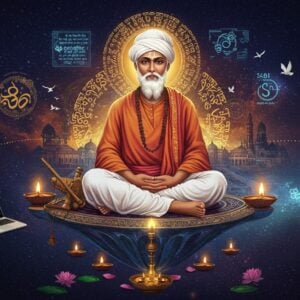A serene, ethereal portrait of Sant Kabir in traditional Indian attire with a white dhoti and angavastram, seated cross-legged on a cosmic lotus platform floating in a mystical space. His face radiates wisdom with deep, kind eyes and a silver beard. Around him, his poetry manifests as golden Sanskrit letters transforming into modern digital holograms and sacred geometric patterns. The background features a blend of ancient Indian architectural elements and futuristic cityscapes, connected by threads of golden light. Swirling mandalas in deep indigo and saffron colors create a dynamic energy flow. Traditional weaver's tools (representing Kabir's profession) made of light float nearby, while modern devices project his dohas as shimmering light forms. The scene is illuminated by both traditional oil lamps and modern light sources, creating a harmonious blend of past and present. The art style combines Madhubani patterns with contemporary digital art techniques, featuring rich jewel tones of deep blue, gold, and crimson. Subtle lotus petals and peaceful doves float in the space, symbolizing unity and transcendence. The overall composition creates a bridge between ancient wisdom and modern aesthetics.