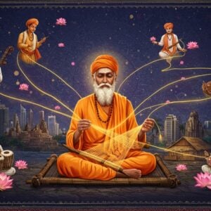 A mystical scene showing Saint Kabir, depicted as an elderly Indian man with a white flowing beard, wearing simple saffron-colored cotton robes, seated cross-legged on a rustic wooden weaver's platform. His hands are weaving threads that transform into golden light streams. The threads weave through modern Mumbai skyscrapers, ancient temples, and village huts, connecting them all. The background features a large, intricate Madhubani-style mandala in deep indigo and gold. Around him, modern Indians of different religions and social classes - a businessman, a farmer, a student, and an artist - are connected by the same golden threads. Floating musical instruments like tambura and ektara emit soft, ethereal light. The scene is enhanced with traditional Phad art patterns in the borders, featuring peacock blues and deep maroons. Lotus flowers in various stages of bloom float around, representing spiritual awakening. The lighting is warm and mystical, with soft glowing orbs and subtle light rays. The composition seamlessly blends traditional Indian artistic elements with contemporary digital art techniques.