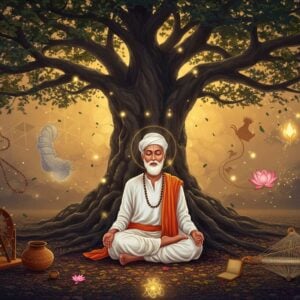 A serene Indian mystic sage in simple white cotton clothes sitting cross-legged beneath a sprawling ancient banyan tree, his eyes closed in deep meditation. Multiple ethereal, translucent versions of himself spiral outward, representing different aspects of his teachings. The scene is illuminated by warm golden light filtering through the tree branches. In the background, intricate Madhubani-style patterns flow seamlessly into modern geometric designs. The foreground features a spinning wheel and a weaver's loom, symbolic of Kabir's profession. Floating around him are visual metaphors: a clay pot representing the body, a shimmering thread showing unity, and lotus flowers in various stages of bloom symbolizing spiritual awakening. The color palette combines deep indigos, earthy browns, and touches of saffron with modern gradient effects. The entire scene is framed by delicate, glowing mandalas that blend traditional Indian motifs with contemporary sacred geometry. The lighting creates a mystical atmosphere with soft, glowing orbs of light scattered throughout the composition, suggesting divine wisdom.