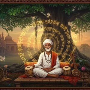 A mystical scene depicting Kabir as an Indian sage in simple white cotton clothes, sitting cross-legged on a wooden platform under a sacred banyan tree, his eyes closed in deep meditation. His weathered face shows wisdom and serenity. Around him, ethereal manifestations of his poetry float as golden threads of light forming intricate Devanagari patterns that transform into soaring doves, blooming lotus flowers, and spinning prayer wheels. The background features a blend of Hindu temple architecture and Islamic geometric patterns merging seamlessly, symbolizing religious harmony. Soft rays of dawn light filter through the banyan leaves, creating a dreamlike atmosphere. Traditional Indian musical instruments - tambura, ektara, and cymbals - rest beside him. The color palette includes deep maroons, burnished golds, and peaceful blues, with glowing mandala patterns subtly woven throughout the scene. The art style combines traditional Madhubani patterns in the borders with modern digital painting techniques, creating a surreal yet grounded spiritual atmosphere. Small spinning wheels in the corner symbolize his connection to weaving and common people. The overall composition emanates peace, wisdom, and spiritual enlightenment.