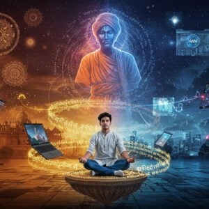 A mystical composition featuring a young modern Indian man in contemporary clothing (crisp white kurta, fitted jeans) seated in meditation on a floating lotus platform, surrounded by swirling, luminescent Sanskrit verses in gold. Behind him, a large translucent silhouette of Saint Kabir in traditional 15th-century attire emerges from a cosmic spiral of deep indigo and saffron. The scene is split between ancient and modern: one half showing traditional Indian architecture with warm earthy tones, the other half displaying modern cityscape with holographic projections and neon lights. Ethereal threads of light connect ancient manuscripts to modern digital devices floating in the space. Intricate Madhubani-style patterns frame the composition, seamlessly blending into circuit-board-like designs. The lighting creates a dramatic contrast with warm golden rays from the ancient side meeting cool blue technological illumination. Multiple glowing mandalas float in the background, their patterns morphing between traditional designs and modern geometric forms. The artwork style combines hyperrealistic digital art with traditional Indian miniature painting techniques, emphasizing both photorealistic details and stylized spiritual elements.