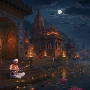 A serene nighttime scene of an ancient stone temple complex in Varanasi with intricate Madhubani-style carved details, illuminated by hundreds of floating diyas on the Ganges river. In the foreground, a figure resembling Sant Kabir in simple white cotton clothing sits cross-legged on the temple steps, playing an ektara. Behind him, the temple walls feature delicate gold-outlined paintings depicting scenes from his life in Pattachitra style. The moonlight creates ethereal patterns through the temple's jharokhas, casting mystical shadows. The scene is complemented by floating lotus flowers, glowing mandalas in the sky, and soft mist rising from the river. The color palette combines deep indigos, burnt oranges, and warm golds with hints of peacock blue. Traditional motifs like peacocks, flowers, and geometric patterns adorn the temple architecture, while small groups of devotees in traditional Indian clothing are seen performing evening aarti in the background. The atmosphere is mystical and meditative, with subtle hints of divine light breaking through clouds.