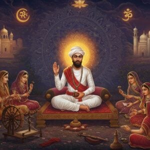 A mystical scene showing Sant Kabir in traditional white dhoti and angavastram, sitting cross-legged on a simple wooden platform, surrounded by people from different castes and religions in 15th century Indian attire. His hands are raised in teaching mudra, with a golden aura emanating from him. Behind him, a large intricate mandala pattern merges Hindu and Islamic geometric designs in deep indigo and gold. On one side, a Hindu temple, and on the other, a mosque, connected by flowing ribbons of light. The foreground shows spinning wheels and weaver's tools decorated with Madhubani patterns. People of different social classes - from kings to commoners - sit together as equals, listening to Kabir. Floating above are symbols of unity: intertwined lotus and Islamic crescents. The scene is illuminated by warm, ethereal light creating a dreamy atmosphere. Art style combines traditional Indian miniature painting techniques with modern digital art aesthetics, using rich colors like deep maroon, saffron, and peacock blue. Elements of both Hindu and Islamic architecture blend seamlessly in the background.