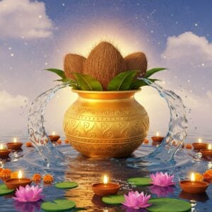 A luminous golden kalash adorned with intricate Madhubani-style patterns, floating above a serene lotus pond, with coconut and mango leaves emerging from its mouth in a perfect symmetrical arrangement. The kalash radiates divine light in soft saffron and golden hues. Swirling sacred water flows around it in ethereal patterns, forming mini mandalas. The background features a large, detailed mandala in peacock blue and deep maroon, with subtle Hindu geometric patterns. Delicate marigold and lotus flowers float in the water below, creating perfect reflections. Glowing diyas surround the kalash, their light creating a mystical atmosphere. The scene is set in a dreamy, surreal space with soft pastel clouds in the distance. Traditional rangoli patterns in gold dust float in the air. The art style merges hyperrealistic metallic textures with traditional Indian art sensibilities, rendered in high-quality digital art style with volumetric lighting and subtle particle effects.
