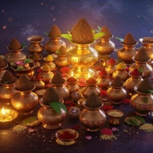 A stunning array of traditional copper and brass kalash vessels arranged in a mesmerizing spiral pattern, each detailed with intricate Madhubani-style engravings. The kalash vessels vary in sizes and designs, some adorned with coconuts and mango leaves on top, others decorated with sacred threads and swastika symbols. In the center, a large, ornate gold kalash radiates divine light, surrounded by floating lotus petals and spiritual symbols. The background features a softly glowing mandala pattern in peacock blue and deep maroon. Scattered around the kalash are authentic ritual items - kumkum, rice grains, flowers, and holy water creating small reflective pools. The scene is illuminated by warm, ethereal lighting creating subtle reflections on the metallic surfaces. The composition has a modern, minimalist aesthetic while maintaining traditional elements. Hyper-detailed, photorealistic rendering with rich textures and metallic finishes. The overall mood is serene and sacred, with soft particle effects and a slight misty atmosphere adding depth.