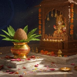 A serene home temple corner with a ornate golden kalash as the centerpiece, adorned with fresh mango leaves and a coconut decorated with intricate red and gold patterns. The kalash sits on a raised marble platform with traditional rangoli patterns in vibrant colors. Behind it, an elegant wooden temple structure with carved details and brass bells, illuminated by soft, warm diyas creating a golden ethereal glow. Fresh marigold and lotus garlands drape gracefully around the temple. The scene includes subtle smoke wisps from incense sticks, creating a mystical atmosphere. The background features mandala patterns in deep peacock blue and gold, blending traditional Madhubani art style with modern digital aesthetics. The lighting is warm and gentle, creating beautiful reflections on the kalash's metallic surface. Small oil lamps cast intricate shadows on the temple walls, while ray of sunlight streams through a window, adding divine ambiance. The scene includes delicate floating flower petals and subtle sparkles in the air, suggesting divine presence. --ar 16:9 --stylize 1000