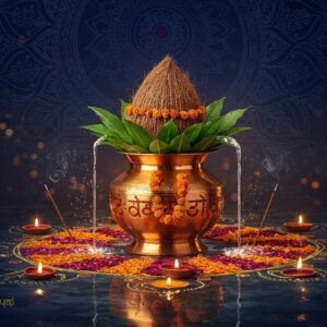 A magnificent copper kalash adorned with intricate Madhubani-style patterns, filled with sacred water and topped with fresh mango leaves and a crowned coconut draped in marigold garland, floating ethereally above a serene lotus pond. The kalash emits a soft, divine golden glow, creating luminous ripples on the water's surface. In the background, a large, detailed mandala in peacock blue and saffron colors radiates outward. Swirling patterns of kumkum and haldi powders dance in the air around the kalash. The scene is set in a mystical twilight atmosphere with floating diyas casting warm reflections. Delicate rangoli patterns made of flower petals circle beneath the floating kalash. The art style combines hyperrealism with traditional Indian art elements, featuring rich metallics, deep maroons, and gold accents. Small streams of sacred water flow from the kalash, transforming into glowing sanskrit symbols as they fall. The overall composition suggests divine energy and auspiciousness, with subtle hints of incense smoke adding to the spiritual atmosphere.