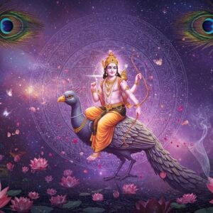 A celestial scene depicting Lord Kama as a luminous figure riding his enchanted parrot mount against a cosmic backdrop. He appears as a handsome young Indian man adorned in flowing golden dhoti and celestial jewelry, holding his signature sugar cane bow in his right hand and five floral arrows in his left. His body emanates a soft rose-gold aura. Behind him, a massive intricate mandala pattern morphs between traditional yantra designs and modern geometric forms in shades of deep purple and cosmic blue. The foreground features blooming lotus flowers that transition from traditional Madhubani style to sleek digital art forms. Ethereal floating elements include delicate flower petals, crystalline butterflies, and wisps of sandalwood-scented smoke. Two peacock feathers frame the scene, their eyes transformed into sacred geometric patterns. The overall color palette combines traditional Indian colors (deep reds, saffrons, and magentas) with modern iridescent and holographic effects. The lighting creates a dreamy, otherworldly atmosphere with soft glows and subtle lens flares. Photorealistic rendering with mystical elements, showcasing both ancient symbolism and futuristic design elements.