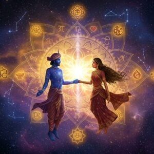 Digital painting of a cosmic Indian couple in ethereal poses, floating in a mystical space filled with deep indigo and purple nebulae. The man and woman, dressed in flowing traditional Indian attire with modern elements, are surrounded by intricate golden zodiac symbols and constellations. A large, luminous lotus mandala forms behind them, with each petal containing different aspects of desire - wealth (golden coins), love (heart chakra symbols), passion (flames), and creativity (paintbrush and musical notes). Swirling energy streams in saffron and peacock blue connect the symbols. The scene is illuminated by soft, warm golden light, creating a dreamy atmosphere. Madhubani-style patterns float in the background, while sacred geometry forms frame the composition. The couple's expressions reflect deep connection and spiritual awakening. The art style combines hyperrealistic rendering with traditional Indian artistic elements, featuring rich jewel tones and metallic accents.