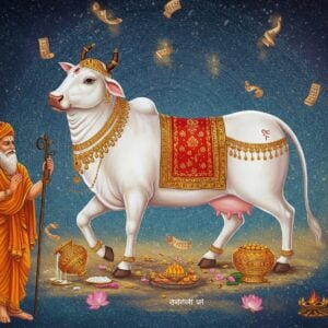 A divine celestial cow Kamadhenu with pearly white body, adorned with golden ornaments, floating gracefully in a mystical ethereal space. She has a beautiful woman's face with serene expression, wearing traditional Indian jewelry and a red bindi. Her four ornate udders flow with golden nectar. Beside her stands Sage Jamadagni in saffron robes with peaceful countenance, holding a wooden staff, surrounded by sacred fire and vedic symbols. The background features a massive intricate mandala in deep blues and golds, with floating lotus flowers and vedic scrolls. Soft rays of divine light emanate from Kamadhenu, illuminating the scene in warm golden hues. The art style merges traditional Madhubani patterns in the details with modern digital art techniques. Small vignettes in the corners show flowing rivers of milk, abundant crops, and sacred items, symbolizing Kamadhenu's gifts. The overall composition has a dreamy, supernatural quality with swirling energy patterns and floating devotional elements in peacock blue and saffron colors.