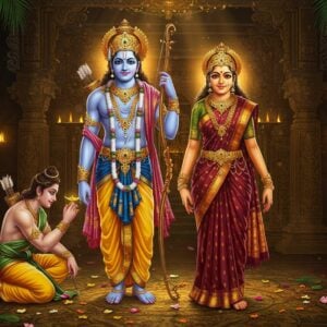 A majestic scene depicting Lord Rama in royal blue attire with intricate gold embellishments, standing gracefully in the center, holding his divine bow Kodanda in his right hand and arrow in left hand. His face radiates divine serenity with a subtle golden aura. To his right stands Sita Devi in a rich maroon silk saree with golden border, adorned with traditional Tamil temple jewelry, emanating grace and devotion. Lakshmana stands alert on Rama's left in forest green attire, holding his bow. The background features an elaborate Tamil temple architecture with intricate Dravidian gopuram details in gold and deep browns. Stylized Tamil-influenced patterns and motifs frame the scene, while floating lotus flowers and peacock feathers add decoration. The lighting is warm and mystical, with golden rays filtering through the temple pillars. The art style combines traditional Thanjavur painting techniques with modern digital art aesthetics, featuring rich jewel tones, metallic highlights, and dimensional depth. The scene is set against a backdrop of ancient palm leaves with subtle Tamil scripts, creating a harmonious blend of classical and contemporary elements.