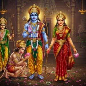 A majestic scene depicting Lord Rama in royal blue attire, standing tall in the center with four arms - holding the divine bow Kodanda in upper right hand, arrow in upper left hand, while lower hands in abhaya and varada mudras. His face radiates divine serenity with a golden crown. To his right stands Sita in a rich red silk saree with gold border, adorned with traditional temple jewelry, holding a lotus. Hanuman kneels devotedly at Rama's feet, his form muscular yet humble, tail curved upward, wearing a golden crown. To the left stands Lakshmana in green royal attire, holding bow and arrow. The background features an ornate Tamil temple architecture with intricate Dravidian gopuram details in gold. Surrounding them are ethereal Madhubani-style decorative patterns in deep maroon and peacock blue. Soft golden light bathes the scene while floating lotus petals and subtle mandalas add mystical elements. The style combines hyperrealistic character rendering with traditional South Indian artistic motifs. The lighting is dramatic with a divine glow around the main characters.