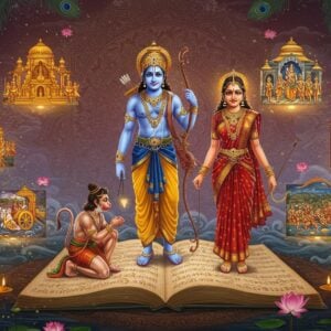 A grand, ethereal scene depicting Lord Rama in royal blue attire and golden crown standing atop a stylized Tamil manuscript, surrounded by six floating, illuminated panels representing the six Kandams. Each panel shows intricate Madhubani-style illustrations: The first shows a golden palace, second displays a mystical forest, third features a flying chariot, fourth depicts a magnificent bridge over ocean waves, fifth showcases an epic battle scene, and sixth portrays a coronation. Lord Rama holds his divine bow with arrow, while Hanuman kneels devotedly beside him. The background features a massive ornate mandala in deep maroon and gold, with Tamil architectural elements seamlessly blended. Floating lotus flowers and peacock feathers frame the scene, with soft glowing orbs of light in pastel blues and golds. The art style combines traditional Pattachitra patterns with modern digital aesthetics, creating a surreal and spiritual atmosphere. Sita Devi stands gracefully beside Rama in a rich red saree with gold border, adorned with traditional Tamil jewelry. The overall composition flows like a visual story, with swirling energy lines connecting all elements in a harmonious blend of classical and contemporary art.