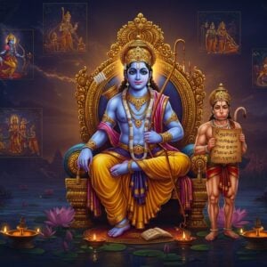 A majestic scene depicting Lord Rama in royal blue attire, seated cross-legged on an ornate golden throne with Tamil architectural elements, holding his divine bow Kodanda in his right hand. To his right stands Hanuman in a devotional pose, holding a palm leaf manuscript of Kamba Ramayanam with Tamil scripts. The background features a sweeping gradient from deep indigo to sunrise gold, adorned with intricately detailed Madhubani-style border patterns. Floating around them are ethereal vignettes showing key scenes from Ramayana - Rama breaking Shiva's bow, the golden deer chase, and the bridge to Lanka - rendered in a modern minimalist style with glowing edges. The foreground showcases a stylized lotus pond reflecting soft moonlight, with scattered traditional Tamil brass oil lamps creating warm golden highlights. The overall composition combines traditional South Indian temple art with contemporary digital aesthetics, featuring a color palette of royal blue, burnished gold, deep maroon, and touches of emerald green. The scene is illuminated by a soft, divine glow emanating from behind Rama's form, creating a serene yet scholarly atmosphere. Highly detailed, cinematic lighting, 8k resolution.