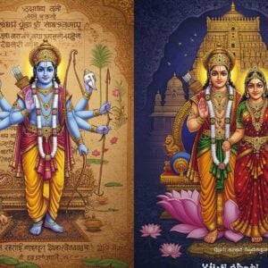 A majestic split-screen composition divided by an ornate golden mandala. On the left, depicting Valmiki's version: Lord Rama in royal blue attire, four-armed, holding bow, arrow, conch, and lotus, standing in a Sanskrit manuscript-style setting with ancient palm leaves and Devanagari scripts floating in the background. On the right, Kamban's interpretation: Rama in Tamil royal attire with deep maroon and gold details, standing amidst Tamil temple architecture with Gopurams. Both versions show Sita in traditional attire appropriate to their respective regions, seated on lotus thrones. The background features intricate Madhubani-style patterns in deep blues and golds. Hanuman appears in both halves, bridging the two interpretations. Mystical light streams through the scene, creating a divine atmosphere. The art style combines traditional Indian miniature painting techniques with modern digital art finishing, featuring rich jewel tones of sapphire blue, royal purple, and burnished gold. Ethereal floating lotus flowers and peacock feathers frame the composition, while subtle Tamil and Sanskrit calligraphy dissolves into the background like smoke.