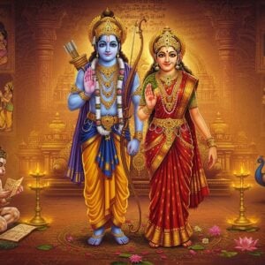 A majestic scene depicting Lord Rama and Sita in ancient Tamil royal attire, positioned centrally against an ornate backdrop inspired by Dravidian temple architecture. Rama wears a rich blue dhoti with gold embellishments, holding his divine bow Kodanda in his right hand and an arrow in his left. Sita wears a traditional red and gold silk saree with temple jewelry. Above them floats an ethereal visualization of Tamil scripts transforming into flowing poetry streams in golden light. The background features intricate Madhubani-style patterns merging with classical Tamil motifs. Surrounding them are vignettes of key Ramayana scenes rendered in traditional Pattachitra style but with modern digital art touches. Hanuman appears in one corner, devotedly reading from a palm leaf manuscript. The scene is illuminated by warm, divine light creating a gradient from deep maroon to saffron. Decorative elements include stylized lotus flowers, peacocks, and Tamil temple gopuram silhouettes. The composition has a surreal, dreamlike quality with floating flower petals and glowing mandala patterns. Art style combines classical Indian art with contemporary digital fantasy aesthetics, emphasizing rich colors and intricate details.