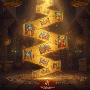 A majestic ancient Indian library setting with ornate Tamil architecture, featuring a central golden scroll of Kamba Ramayanam illuminated by divine light, floating in mid-air. The scroll unfolds into spiraling pathways revealing intricate scenes: Lord Rama (blue-skinned, holding bow) and Sita (in traditional Tamil attire with temple jewelry) on one path, Hanuman (in dynamic pose) on another, and various key moments from the epic flowing like a river of golden light. Tamil-style Mandala patterns and intricate Kolam designs frame the composition. The background features towering palm-leaf manuscripts and copper plates with Tamil scripts, bathed in warm, ethereal light. Floating oil lamps cast a mystical glow, while peacock feathers and lotus motifs adorn the corners. The art style combines traditional Thanjavur painting techniques with modern digital art, using deep maroons, royal blues, and burnished gold. The scene is rendered in a dreamy, surreal quality with subtle particle effects and light rays, creating a bridge between ancient wisdom and contemporary aesthetics.